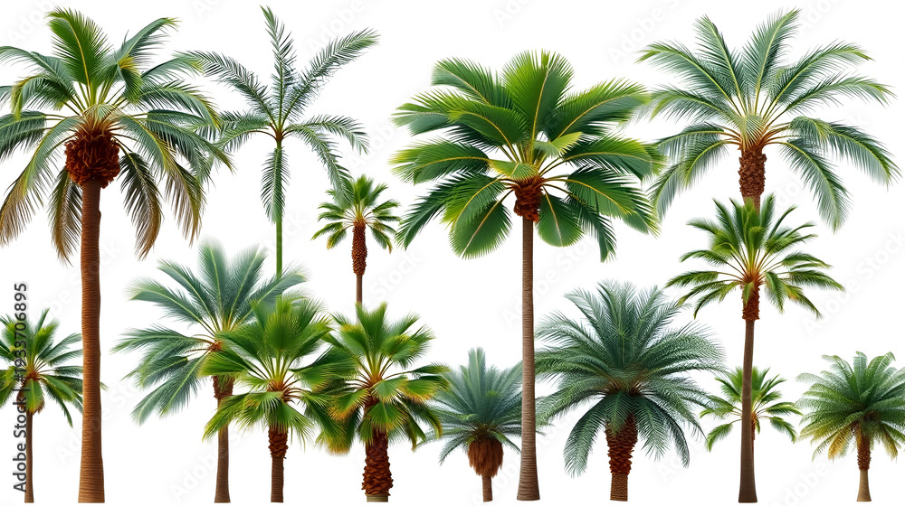 Fototapeta premium Collection of various palm trees with different frond shapes and heights, showcasing tropical botanical diversity. Isolated on white background for easy compositing.