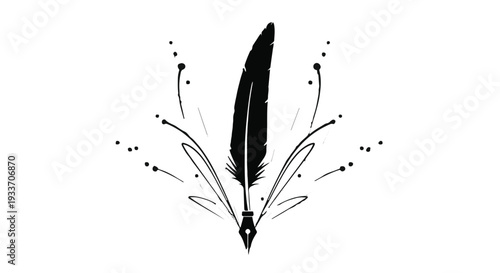 Elegant quill pen with ink splatters and artistic flourishes symbolizing creativity and writing.