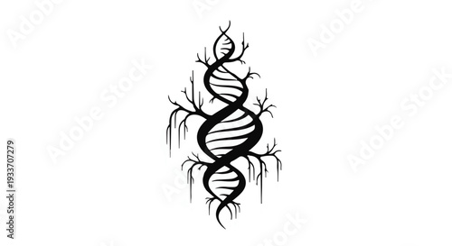 Twisted DNA helix intertwined with dark, gnarled branches, symbolizing organic growth and complex structure