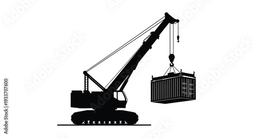 A striking black silhouette depicts a mobile crane lifting a shipping container showcasing industrial power silhouette high quality