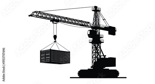 A stark black silhouette of a construction crane lifting a shipping container on a white background silhouette