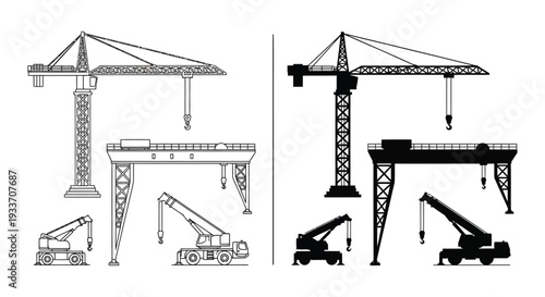 Detailed black and white line drawing depicting various construction cranes and machinery in a silhouette high quality professional