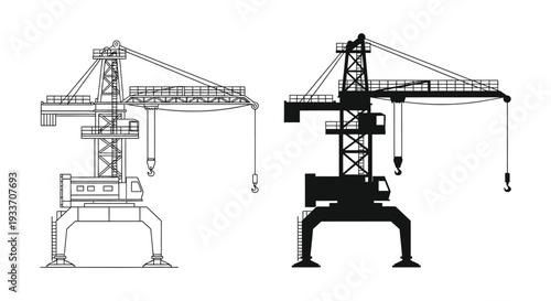 Detailed architectural rendering of two industrial cranes one in line art and one as a striking silhouette