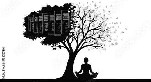 Silhouette meditating under a tree split between digital servers and falling leaves, symbolizing balance.