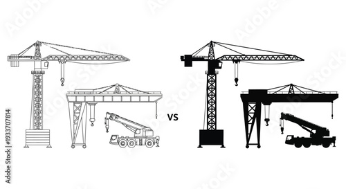 A comparative illustration of various construction cranes and lifting equipment in stark outline silhouette high quality professional detailed