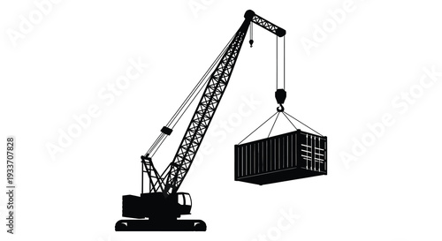 A stark black silhouette depicts a large construction crane lifting a shipping container silhouette high quality professional detailed