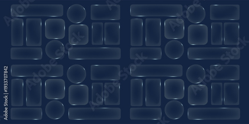 Set of frames and design UI UX elements in the style of liquid glass. Collection of translucent geometric shapes with glassy effect on a dark background. Includes rectangles, circles, and ovals.