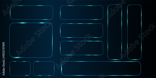 Set of six neon rounded rectangular frames with shining effects on dark background. Empty glowing techno backdrop. Vector illustration.