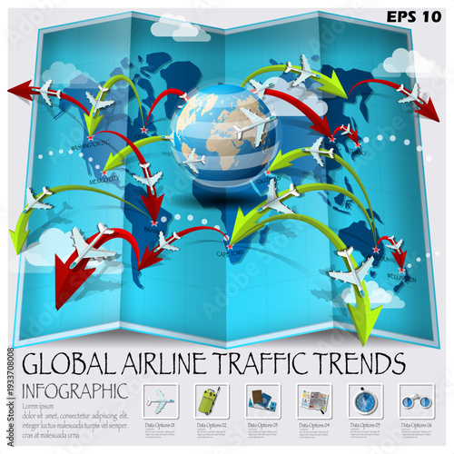 Global Airline Traffic Trends Infographic. Vector Illustration of International Flight Paths and Aviation Data Visualization