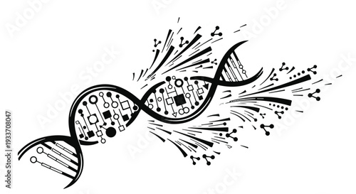 Abstract DNA helix dissolving into digital circuits and energetic bursts, representing scientific discovery and innovation.