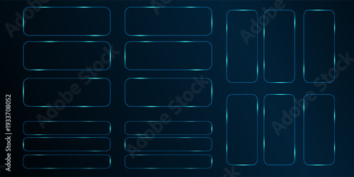 Set of six neon rounded rectangular frames with shining effects on dark background. Empty glowing techno backdrop. Vector illustration.