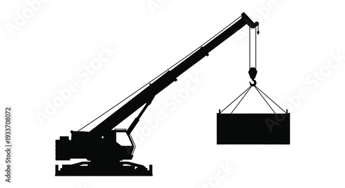 A stark black silhouette of a mobile crane lifting a rectangular load against a white background silhouette