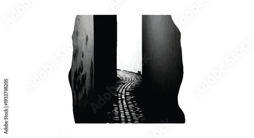 Dramatic black and white view of a curving railway track disappearing into a bright, atmospheric tunnel.