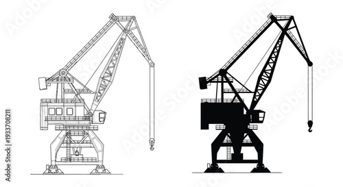 Detailed technical drawings depict two harbor cranes showcasing their structural components and design silhouette high quality professional detailed