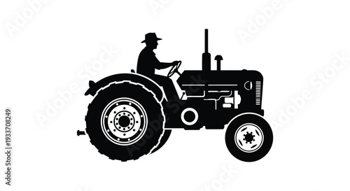 A striking black silhouette depicts a farmer driving an antique tractor across farmland silhouette high quality professional detailed