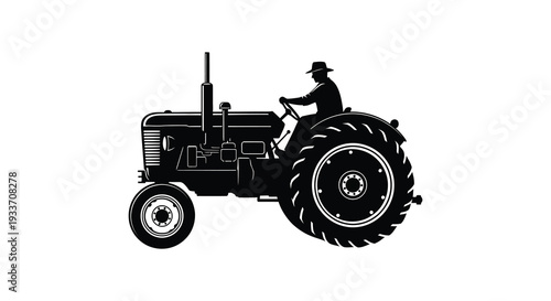 A striking black silhouette depicts a vintage tractor with a farmer evoking rural life silhouette high quality professional
