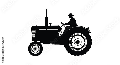 A striking black silhouette depicts a vintage tractor with a farmer driving showcasing rural life silhouette high quality