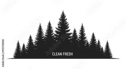 A striking black silhouette of evergreen trees against a white background with text silhouette high quality professional detailed