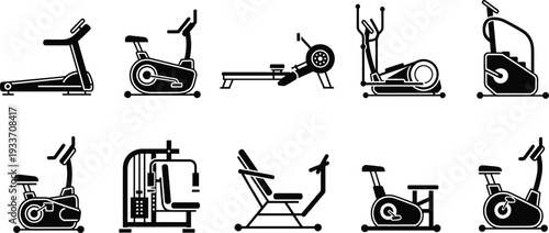 Gym fitness equipment icons set, treadmill bike elliptical rowing machine vector silhouette collection for workout trainingfitness, workout, training, exercise, tret