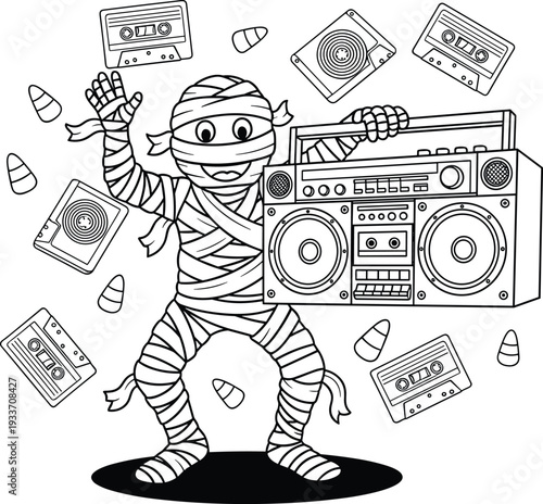 Halloween mummy character with retro boombox, cute cartoon monster dancing with cassette tapes vector illustration coloring page design