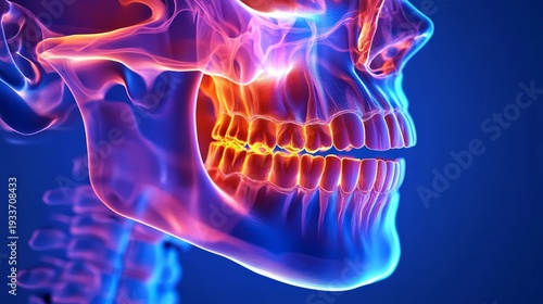 Human skull with glowing red and blue bones on dark blue background medical 3d illustration of facial skeleton