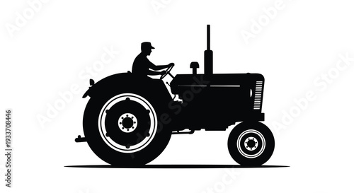 A striking black silhouette depicts a farmer operating a vintage tractor on farmland silhouette high quality professional detailed
