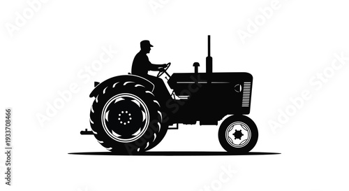 A striking black silhouette depicts a farmer operating a vintage tractor in a rural setting silhouette high quality
