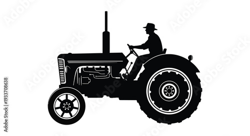 A striking black silhouette depicts a farmer operating a vintage tractor in a rural setting silhouette high quality
