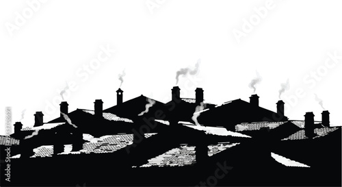 Silhouette of rooftops with smoking chimneys on a clear day, evoking a sense of community and cozy living.