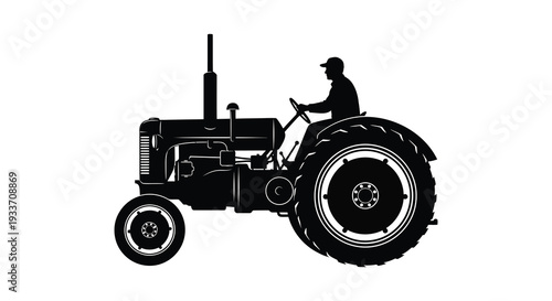 A striking black silhouette depicts a vintage tractor with a farmer driving showcasing rural life silhouette high quality