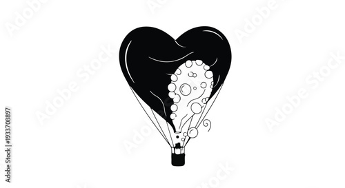 Creative illustration of a heart-shaped hot air balloon ascending with a vibrant, abstract pattern filling its envelope.