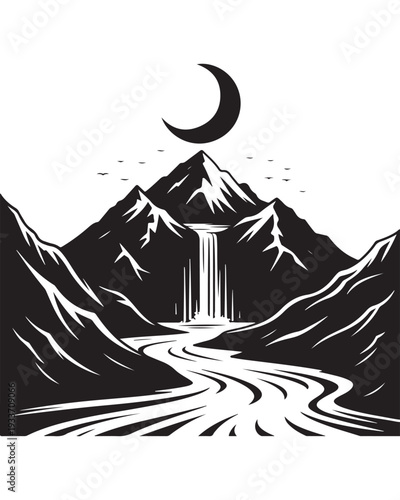 A detailed black and white a winding path leading to a waterfall nestled between towering mountains under a crescent moon, creating a serene and tranquil nighttime landscape