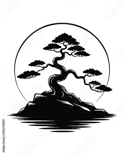 A black and white of a bonsai tree growing on a rock, enclosed within a circular frame, symbolizing harmony and tranquility in nature