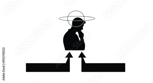 Silhouette of a thoughtful person with a halo of orbiting rings above, symbolizing contemplation or inspiration.