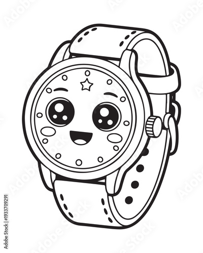 A black and white cartoon watch with a smiling face on the dial, featuring a star and playful dots, showcasing a cute and whimsical