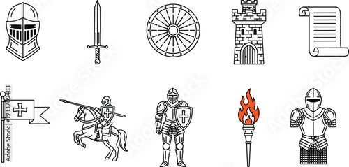 Medieval knight and castle icon set, armor, sword, shield, tower, torch and crusader symbols illustration
