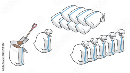 防災用土嚢にの作り方と積み方を描いたベクターイラスト