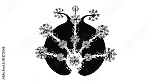 Abstract artistic silhouette of a pomegranate tree with intricate floral details and organic growth