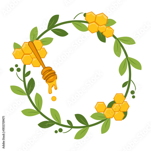 Round honey wreath botanical label vector