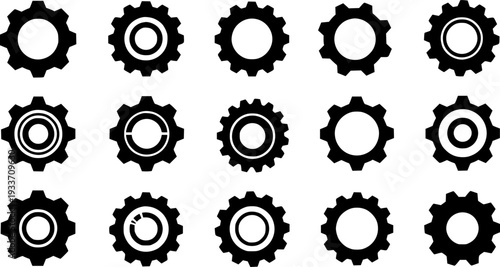 Gears Icons Set: Black Cogwheel Graphics for Mechanical, Industrial, and Engineering Design