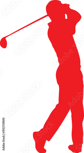 Dynamic silhouette of a male golfer executing a powerful swing with a golf club, captured in a clean vector graphic design, ideal for sports branding, athletic events, and active lifestyle themes