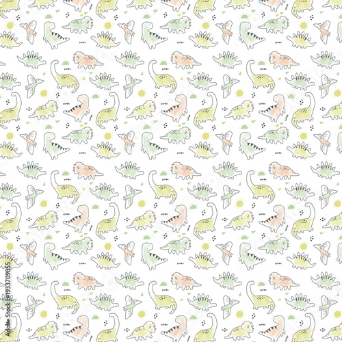 Seamless Watercolor Dinosaur Pattern with Hand-Drawn Brachiosaurus and Pterodactyl on White