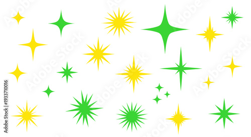 Sparkle Starbursts: Green and Yellow Glittering Shapes on White Background