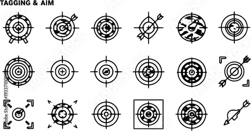 Target Icons: Collection of Black and White Aiming and Tagging Symbols