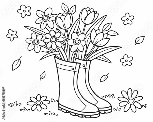 rain boots filled with blooming spring flowers coloring book silhouette vector illustration isolated on white background