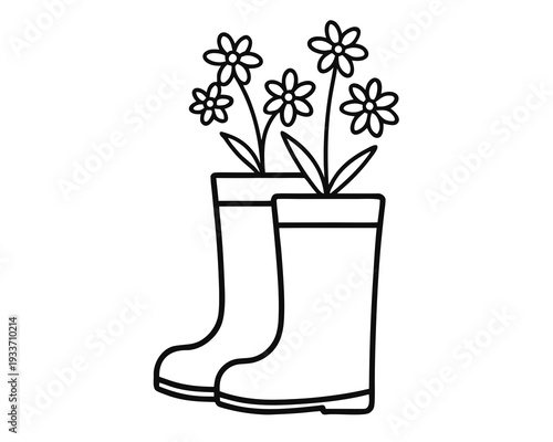 Garden Rain Boots with Blossoming Flowers Coloring Page for Kids Vector