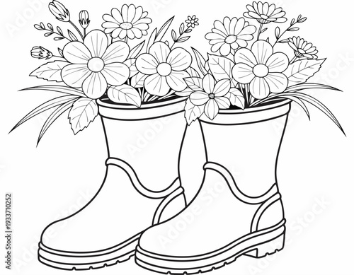 Rain Boots Filled with Blooming Spring Flowers Coloring Page Vector Illustration