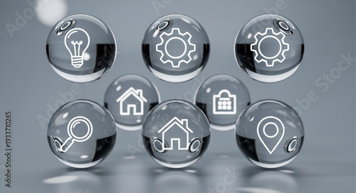 Collection of Glass Spheres with Technology Icons.