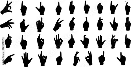 Comprehensive Collection of Diverse Human Hand Gesture Silhouettes: Vector Icons for Communication, Direction, Emotion, Counting, and Symbolism