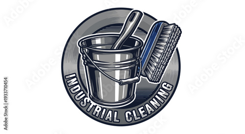 Industrial Cleaning Logo with Bucket and Brush on a Metallic Background.